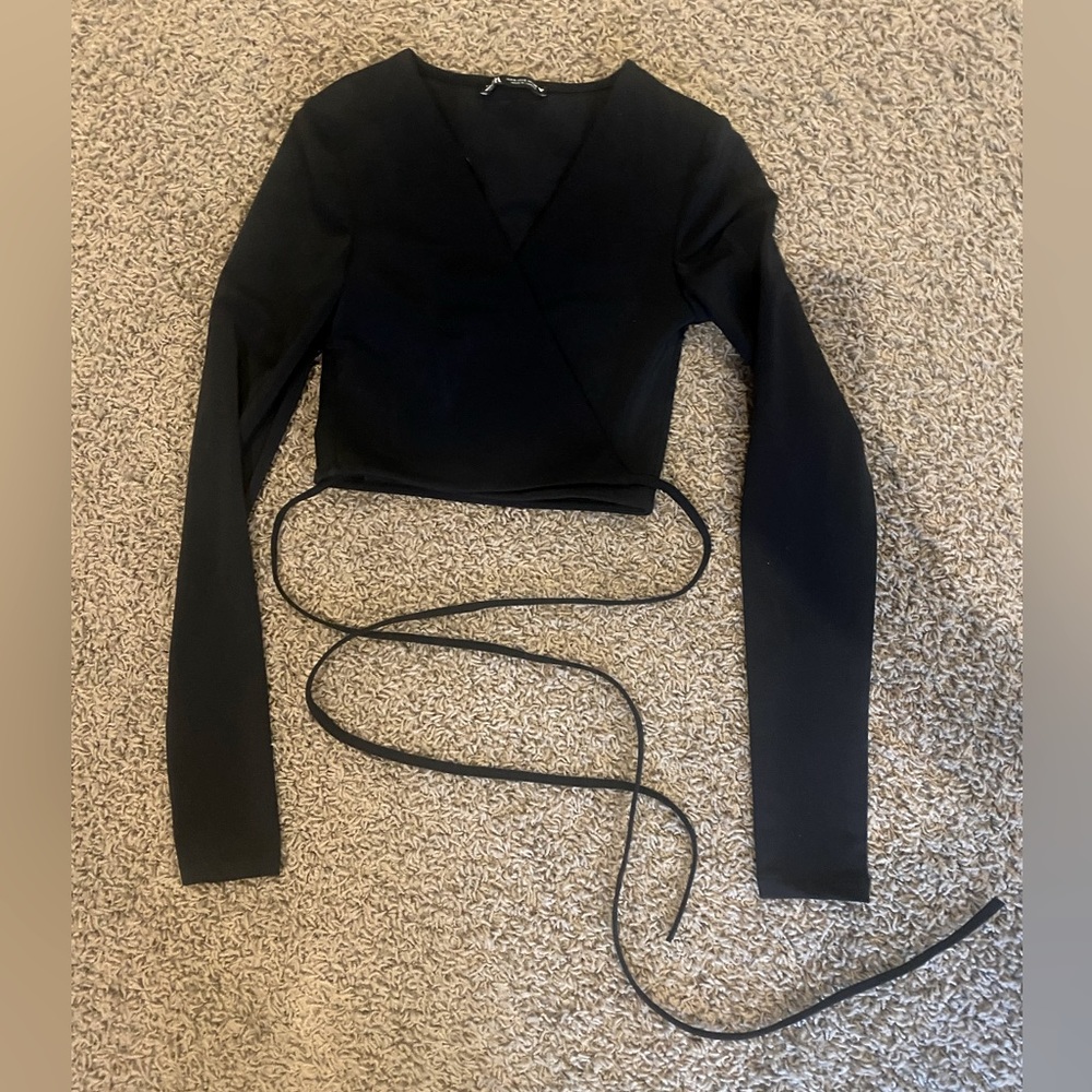 ZARA black lycra long sleeve crop wrap top